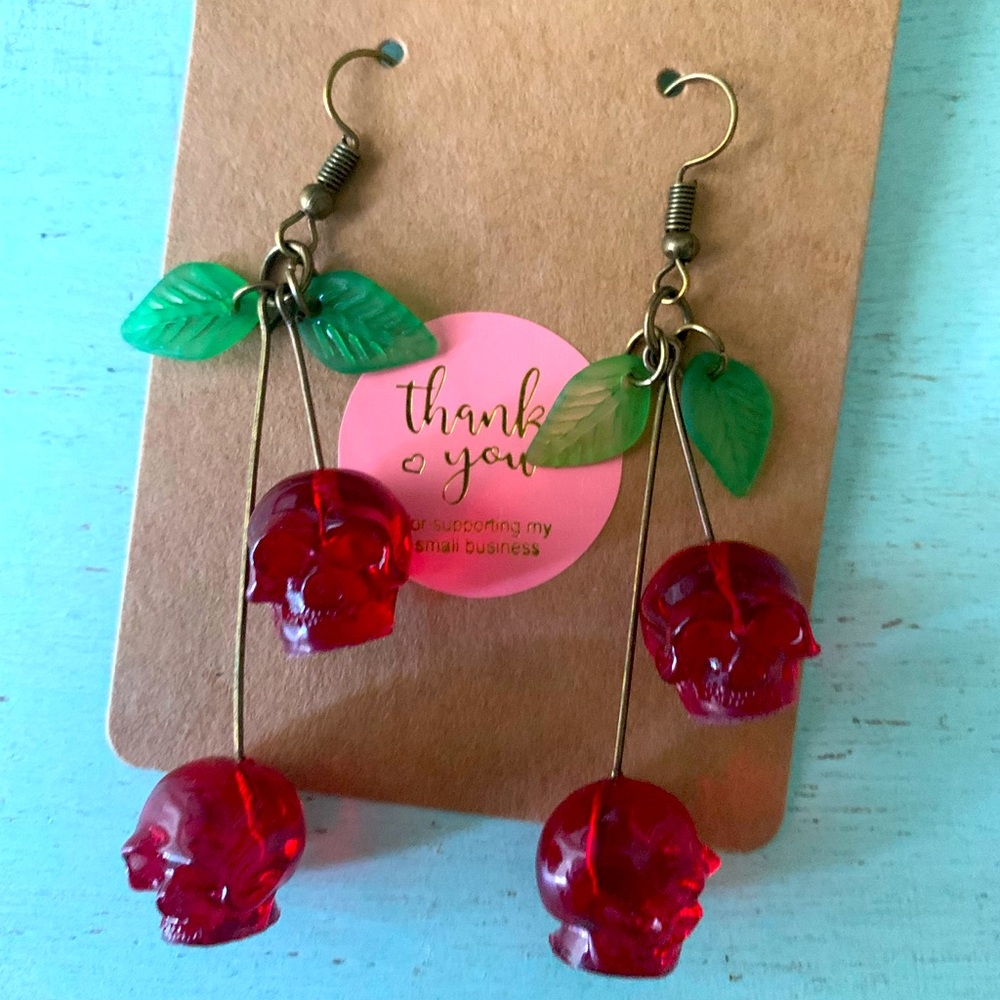 BOGO Cherry skull earrings. Edgy jewelry - Picture 1 of 5